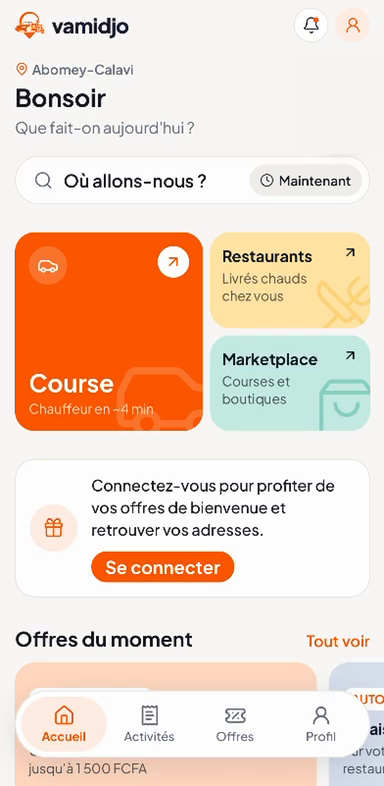 Écran d’accueil de Vamidjo : Course, Restaurants et Marketplace