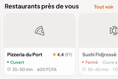Liste des restaurants près de vous dans l’app : note, avis, horaires, délai et prix en FCFA