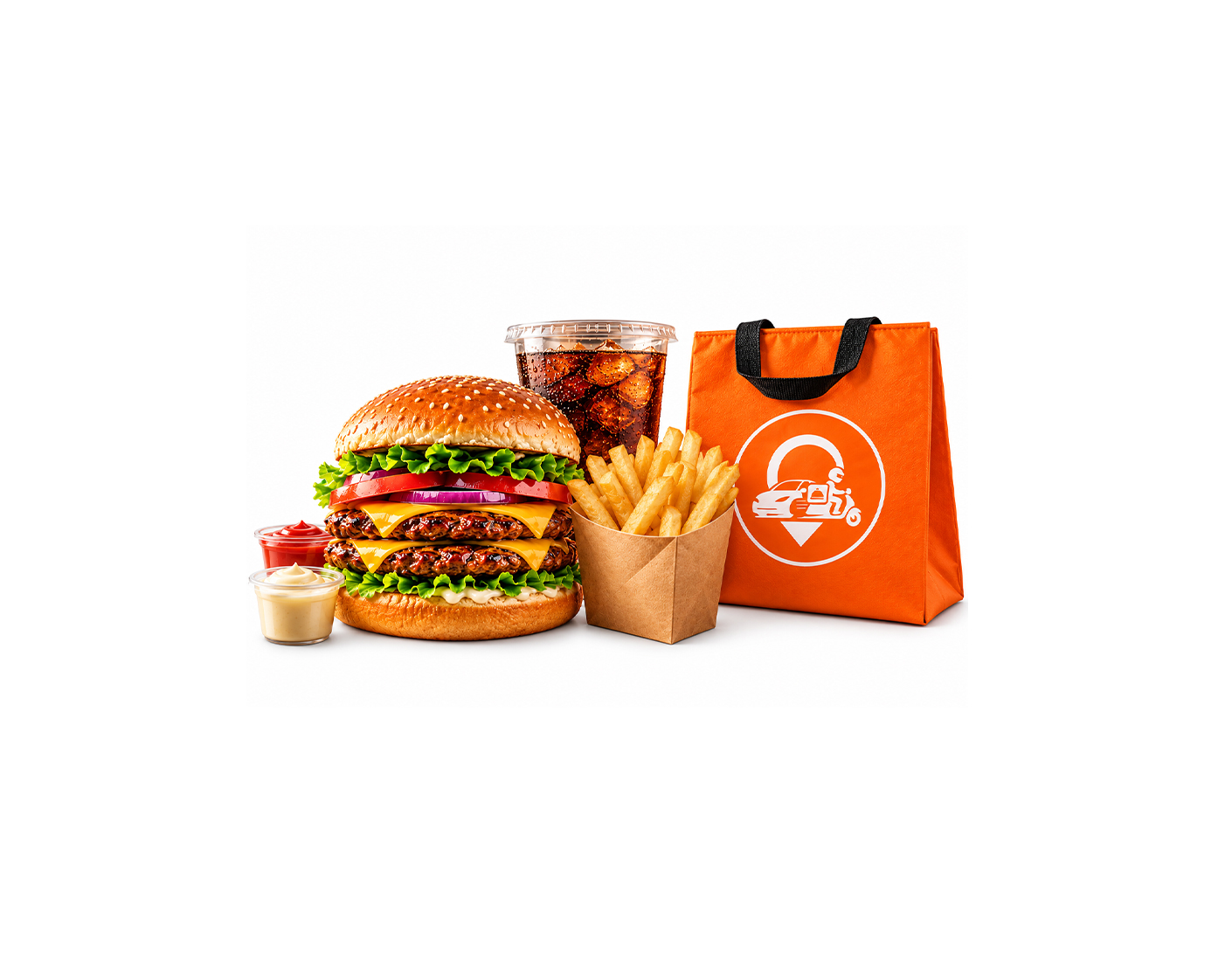 Un burger, des frites et une boisson livrés dans un sac Vamidjo